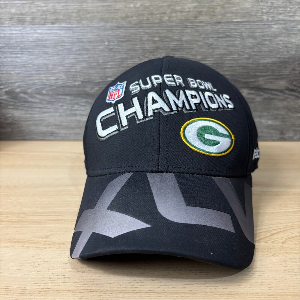 Green Bay Packers Hat Cap Fitted One Size Black Super Bowl NFL Football Reebok